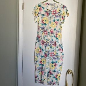 Colorful ESPIRIT size Small long dress with cap sleeves & matching yellow belt.
